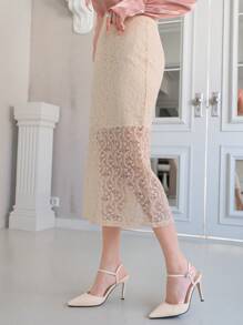 DAZY Contrast Lace High Waisted Straight Skirt