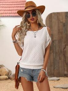 SHEIN LUNE Camiseta De Hombro Frío De Jacquard De Punto Con Color Sólido - Blanco - Ver 4