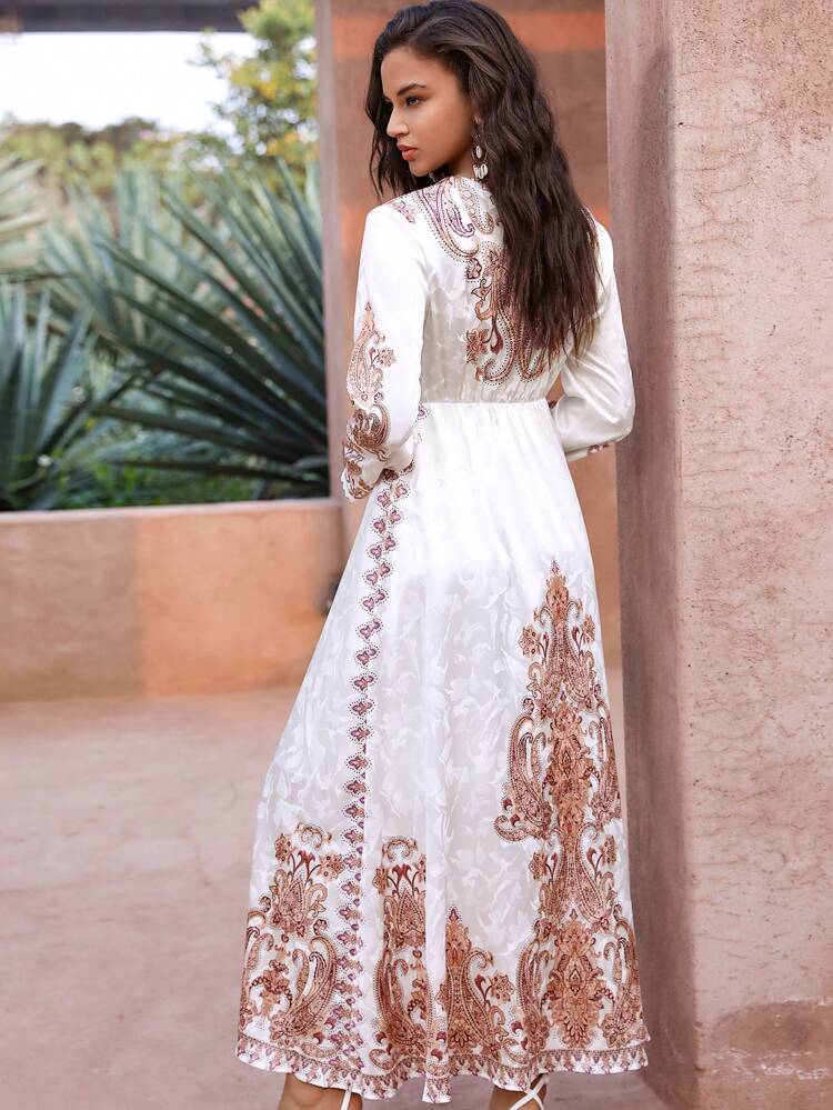 Vestido de manga larga con cuello en V clásico y estampado jacquard retro