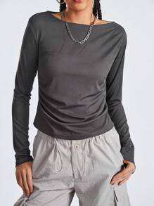 SHEIN Sports Solid Color Boat Neck Sport T-Shirt With Pleats