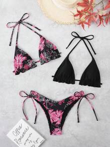 Swim Mod Floral Print Side Tie 3pcs Bikini Set (Random Print), Including Bottom And Top, Bikini Set Swimwear Bathing Suit Beach Outfit Summer Vacation,Summer Beach - Multicolor - View 1