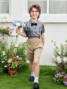 SHEIN 2 Stücke/Set Hemd im College-Stil mit elegantem Karomuster und abnehmbarer Hosenträger-Shorts für Tween Jungen