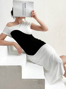 Modelyn Women's Color Block Asymmetrical Collar Slit Dress