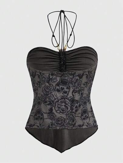 Goth Top halter estampado de cráneo fruncido