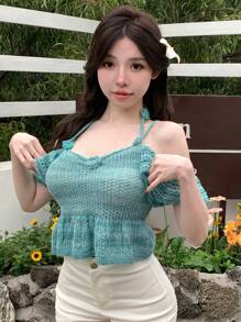 DAZY Women's Open Shoulder Knitted Top With Ruffle Hem Design Crop Top - Green - View 9