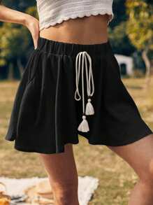 Breezaya Màu thuần Dây rút Xù Hoa Sen Quần short - màu đen - Xem 3