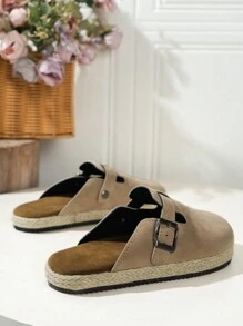 女士鏈扣設計閉趾半拖鞋,配粗麻繩,輕質泡棉鞋底平底鞋 - 米色 - 查看 6