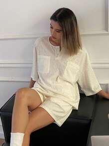 DAZY 女士纹理面料休闲圆领半袖短裤家居服套装睡衣 - 白色 - 查看 8