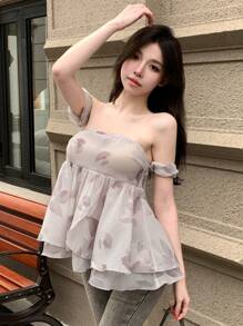 DAZY Women's Off Shoulder Chiffon Floral Printed Ruffle Hem Blouse Babydoll Top Going Out Tops Tube Top Easter - Grey - View 6