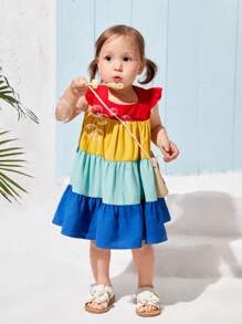 SHEIN Baby Girl Rainbow Color Block Short Sleeve Flying Dress For Summer Holiday - Multicolor - View 3