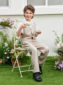 SHEIN Conjunto elegante de chaleco tejido para niño preadolescente con bloqueo de color, corbata de moño, camisa y pantalones de vestir - Caqui - Ver 5