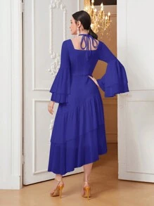 Modelyn Vestido de noche largo de línea A con mangas acampanadas y volantes en color liso para mujer - Azul - Ver 2
