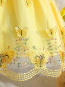 SHEIN Glamorique Kids Vestido Elegante Con Malla, Lazo, Volantes Y Patrones Jacquard Para Bebé Niña