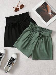 Plivvot 2pcs/Set Solid Color Casual Work & Vacation High Waist Paper Bag Tie Front Shorts - Multicolor - View 3
