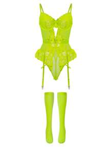 Tuta intera a fascia con corpetto in pizzo floreale e 1 paio di calze, lingerie - verde acido - Visualizzare 6