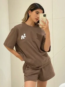 Livesso Conjunto de ropa informal de verano con top holgado y pantalones cortos con estampado de letras