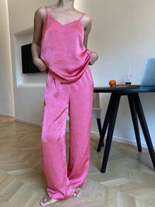 DAZY Ladies' Simple Camisole Style Tank Top And Pants Homewear Set Summer Pajama - Hot Pink - View 4