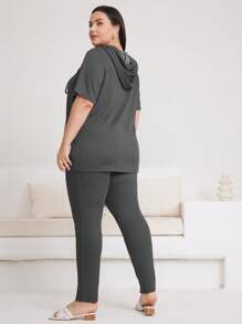 Mulvari Plus Size Hooded Short Sleeve Top With Letter Patch And Split Pants With Drawstring
