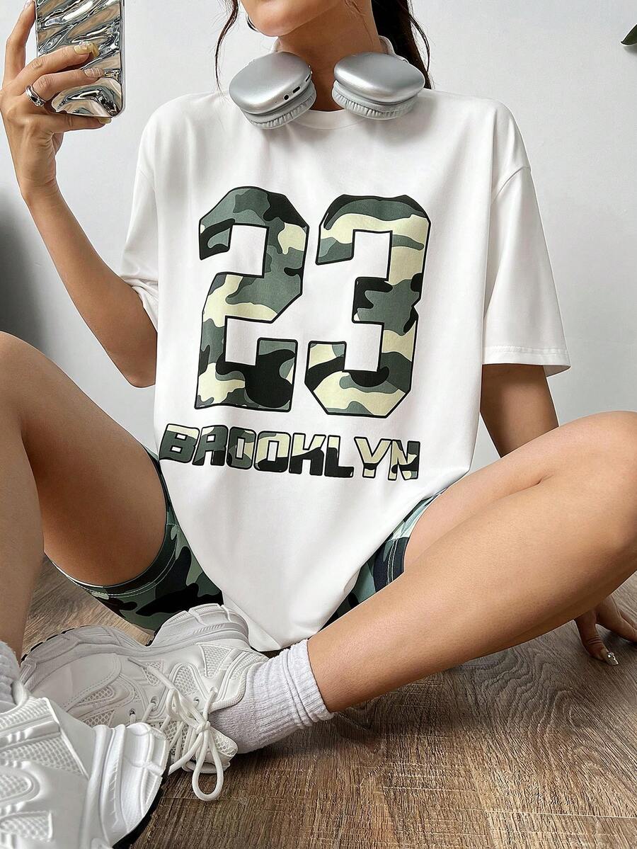 SHEIN Unity Ngụy trang Chữ cái & In số Top Cây trồng Chặt Quần short Giải trí Bộ - Nhiều màu - Xem 1