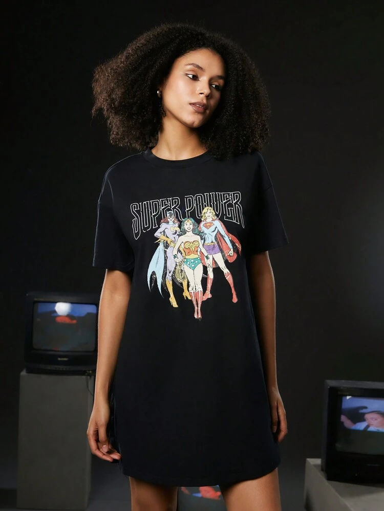 Cartoon Figure And Letter Graphic Drop Shoulder Tee Dress