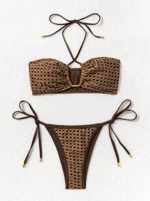 SHEIN Swim 夏季海滩女士镂空纹理比基尼套装两件套比基尼套装泳衣 - 咖啡棕 - 查看 4
