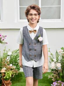 SHEIN 3pcs/Set Tween Boy Stylish Short Sleeve Shirt, Plaid Shorts And Vest Gentleman Suit