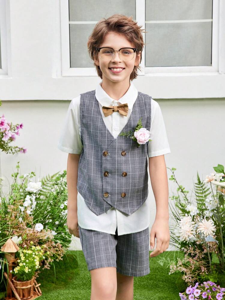 3pcs/Set Tween Boy Stylish Short Sleeve Shirt, Plaid Shorts And Vest Gentleman Suit