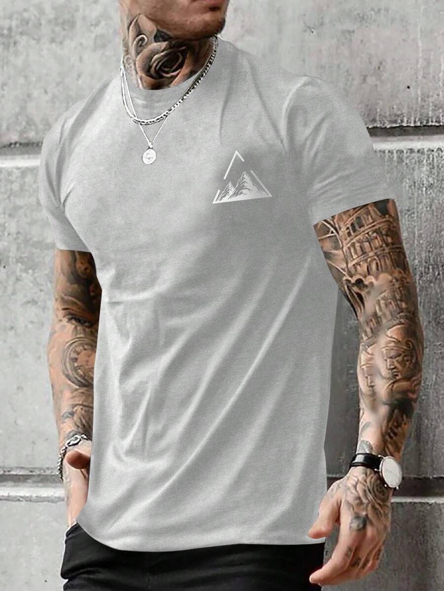 Manfinity Homme Men's Mountain Pattern Printed Short Sleeve T-Shirt - Light Grey - View 1