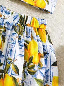 Tween Girl Lemon Print Ruffle Trimmed Bandeau Top And Skirt Set, Perfect For Vacation In Summer - Multicolor - View 3