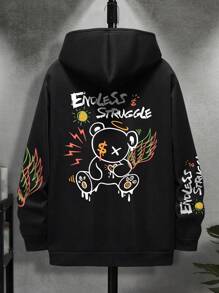 Manfinity Dauomo Men Bear And Letter Graphic Drawstring Hoodie - Black - View 8