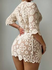 SHEIN Swim Solid Color Hollow Out Lace Crisscross Tie Short Sleeve Cover Up Dress, For Vacation, Summer Beach - Apricot - View 2