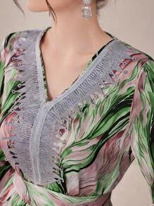 Al Najma Vestido De Manga Larga Con Cuello En V Acanalado Y Estampado De Plantas Para Mujer