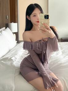 DAZY 荷葉邊修飾女裝洋裝 - 灰色 - 查看 5