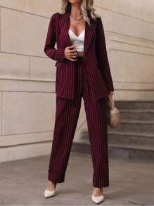 Chiquease Striped Suit Jacket And Pants Set - Burgundy - View 6