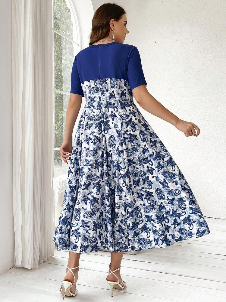 Plus Size Cashew Flower Print Patchwork Dress