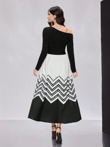 Modelyn Women's Color Block Splicing & Asymmetric Neck Design Dress Long Evening Dresses - Multicolor - View 2