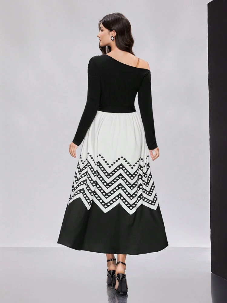 Women's Color Block Splicing & Asymmetric Neck Design Dress Long Evening Dresses