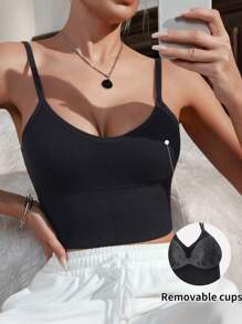 Women's Adjustable Strap Tank Top With Removable Padded Bra - Black - View 4