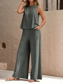 SHEIN LUNE Solid Color Casual Vest And Loose Wide Leg Pants