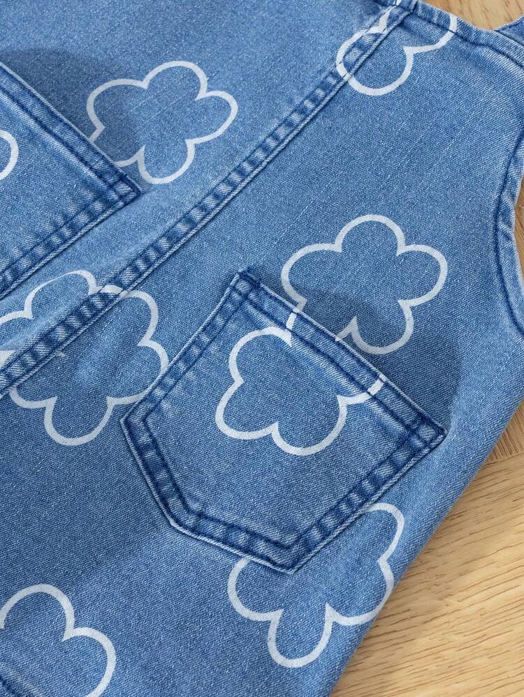 New Arrival Baby Girl's Casual Fashionable Floral Print Denim Overalls, Enzyme Wash