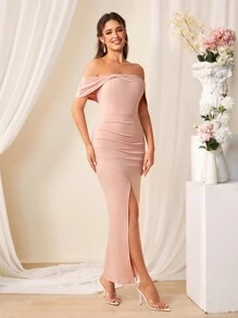 SHEIN Belle Solid Color Off Shoulder Slit Wrap Bridesmaid Dress Elegant Dress - Pink - View 7