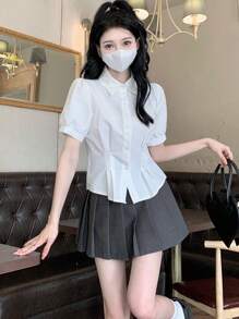 女士纯色褶皱短袖衬衫 - 白色 - 查看 5