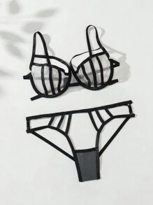 SHEIN 여성용 섹시한 메시 홀로우 아웃 란제리 세트 - 블랙 - 보기 4