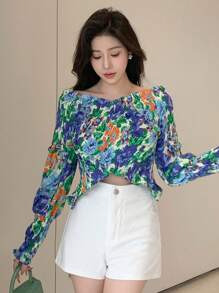 DAZY Women's Floral Printed Cross Off Shoulder Blouse,Fall Women Clothes Long Sleeve Top Vacation Outfits Women Easter Boho - Multicolor - View 5