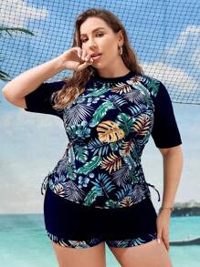 Swim Lushoire Kích thước lớn Của phụ nữ In thực vật Ngắn tay Áo thun Và Đáy bikini Bộ , Bộ đồ tắm bờ biển Bầu không khí - Nhiều màu - Xem 3