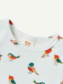 Cozy Pixies Conjunto de pijama para bebé niño con parte superior de cuello redondo de manga corta y estampado de pájaro de dibujos animados, y pantalones - Verde - Ver 5