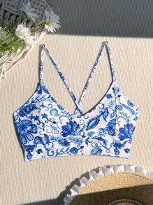 SHEIN Swim Summer Beach Blue And White Porcelain Printed Bikini Top - Blue and White - View 3