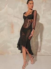 Hauture Vestido De Malla Para Mujer Con Encaje Y Volantes - Negro - Ver 6