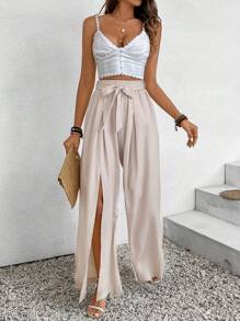 SHEIN Frenchy 女性鬆身側開叉及腰帶的長褲,非常適合度假 - 杏色 - 查看 3