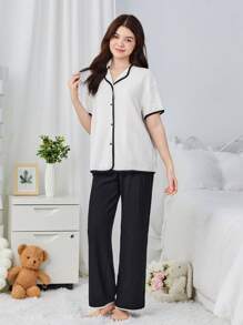 SHEIN 少女下擺短袖鈕扣襯衫及直筒褲顏色區塊睡衣套裝,附對比邊飾細節 - 黑與白 - 查看 5
